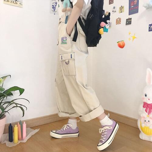 Japanese Girl Spring Autumn Loose Beige Childlike Little Flower Series Contrast Color Casual Simple Cute Overalls Cargo Pants