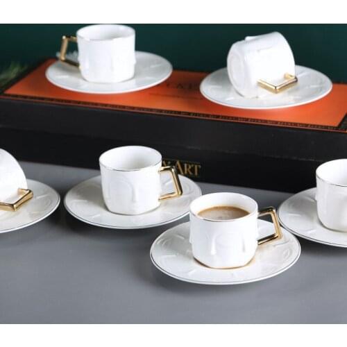 Limited Sale Nordic Art Creative Three-dimensional Face Coffee Cup and Saucer Golden Handle Ceramic Coffee Cup