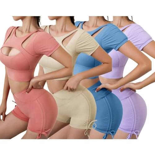 Fashion 2 Pcs Women Sexy Yoga Outfits Adults Solid Color Short Sleeve Cutout Crop Tops And Butt Lift Shorts with Drawstring Sets