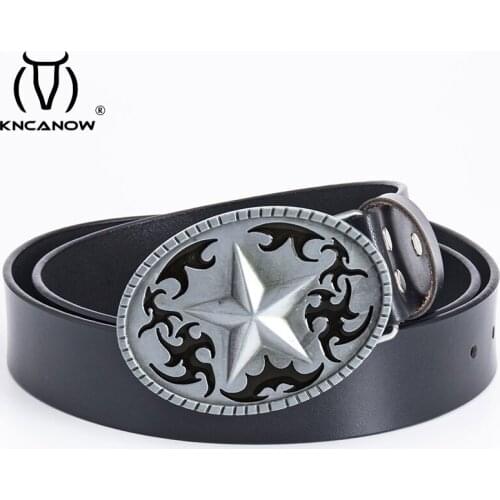 Mens 100% Genuine Leather Belt Vintage Star Buckle Hog Rider Motorcycle Versatile Cowhide Strap Western Cowboy Belt For Jeans