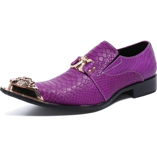 Genuine Leather Snake pattern Men Metal buckle Casual Oxford Shoes Mens Gold toe Loafers Party Wedding purple Men Dress Shoes