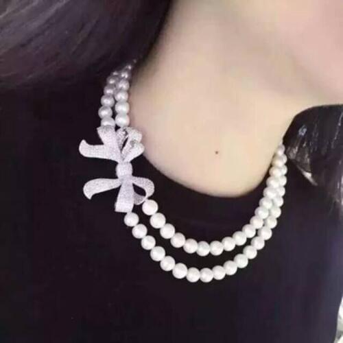 Genuine 9-10MM natural pearl necklace double Necklace light pearl Bowknot flower 925 Silver clasp
