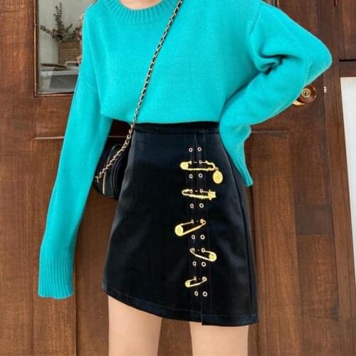 2020 New Pin High Waist Slim Black PU Leather Skirt Hip Skirt DQ862