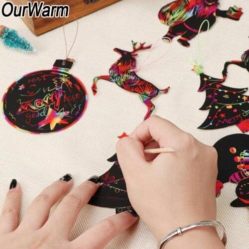 OurWarm 72pcs/lot Magic Color Scratch Christmas Ornaments Kids DIY Paper Ornaments Decoration Coloring Cards Drawing Toys