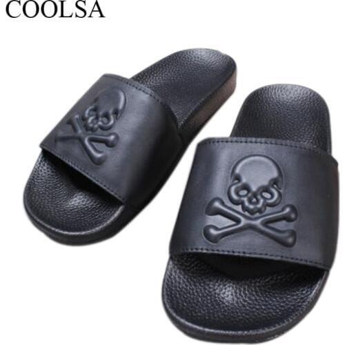 COOLSA Mens Summer Soft Bottom Flat Slippers Outdoor Leisure Non-slip PVC Men flip-flops Black Gold skull Boys Beach Slippers