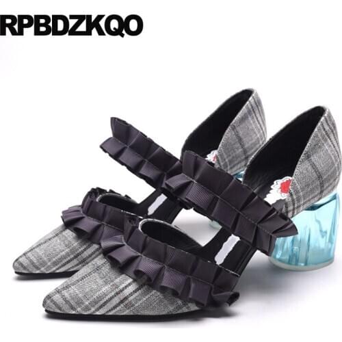 Size 4 34 2019 pointed toe chunky high heels mary jane pumps designer luxury women shoes footwear ladies gray sexy block thick