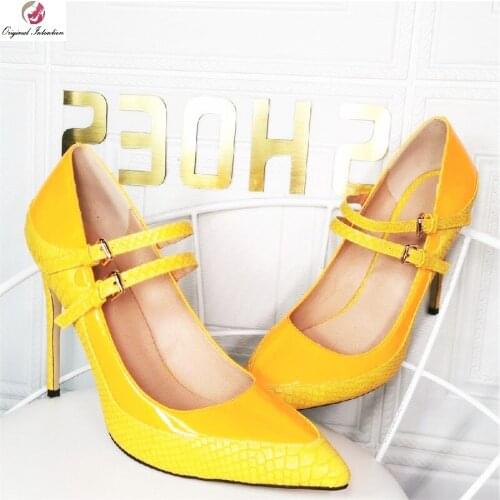 Yellow Patent Leather Pumps Women Stiletto Fashion Pointed Toe Mixed Colors High Heel Shoes Ladies Ankle Strap Heels Summer 2021