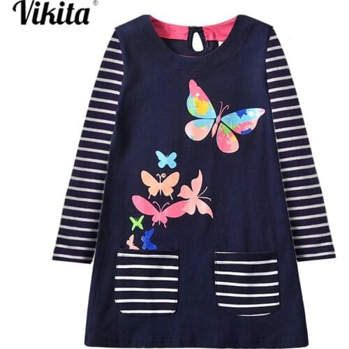 VIKITA Girls Dress Autumn Spring Baby Girl Striped Cartoon Print Clothes Kids Dresses for Girls Vestidos Princess Cotton Dress