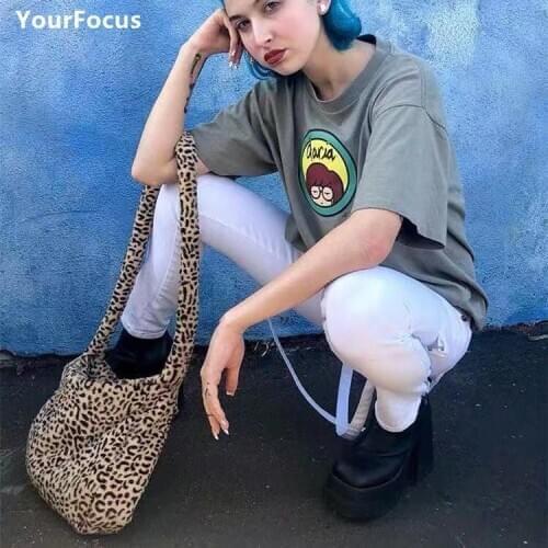 Vintage harajuku gothic bag hairy faux fur leopard crossbody bag women and men