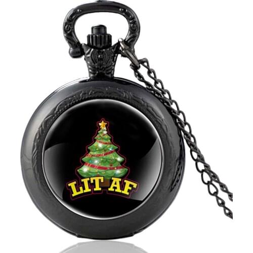 Christmas Tree LIT AF Vintage Quartz Pocket Watch Charm Men Women Glass Dome Pendant Necklace Hours Clock