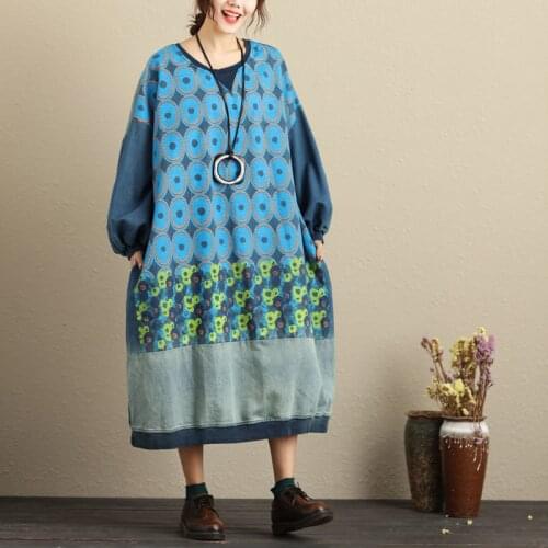 Knitted cowboy Dress Women Printed O-Neck Baggy Dress Japan style Cotton Plus Size Bat Sleeve Patchwork Long Dresses