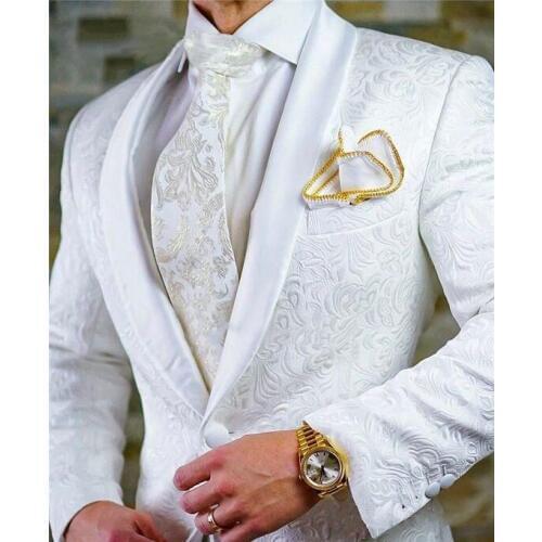 High Quality One Button White Paisley Groom Tuxedos Shawl Lapel Groomsmen Men Blazers Suits (Jacket+Pants+Tie) NO:468
