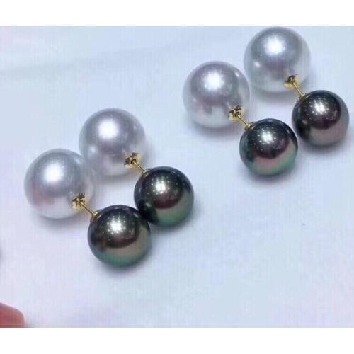 Fine Jewelry Pure 18 K Gold 1029 Natural Fresh Water White and Black Pearl 7-10mm Earrings for Women Fine Pearl Earrings