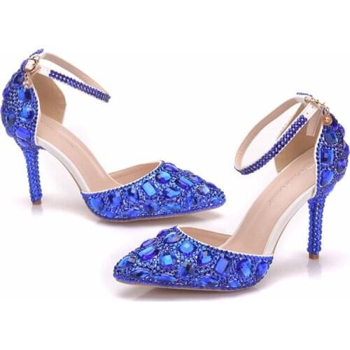 Women sandals wedding Party banquet PU Rhinestones Buckle Strap 9.5CM Thin High Heels Pointed Toe sandal women shoes size 35-42