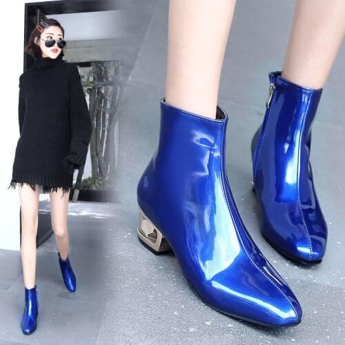 Fashion Patent Leather Women Ankle Boots Square Toe Mid Heel Zip Female Shoes Spring Fall All-Match Lady Custom Shoes Size 33-48