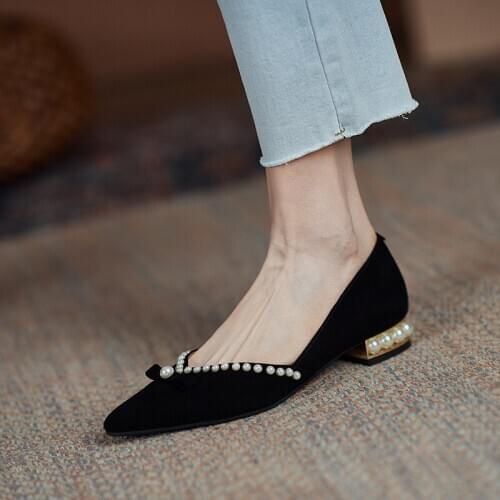 Pointed Toe Womens French Beaded Shallow Mouth Black Low Heel Womens Shoes Spring and Autumn Womens Shoes