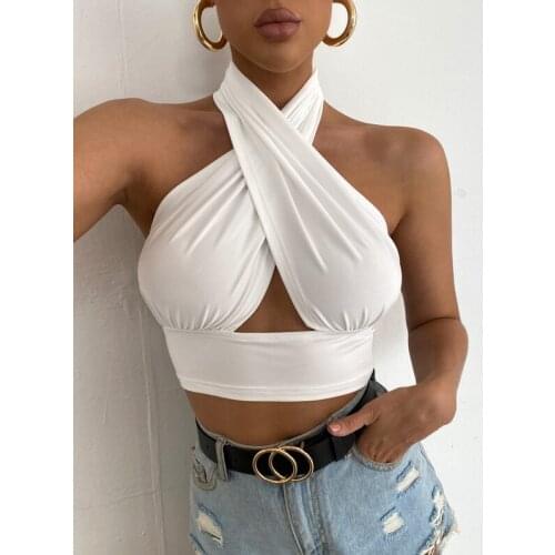 Sexy Womens Backless Crop Top Solid Color Cross Halter Sleeveless Vest Hollow Out Exposed Navel Ladies Skinny Short Tank Top