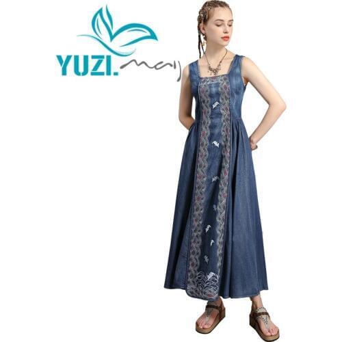 Summer Dress 2020 Yuzi.may Boho New Denim Women Dresses Sleeveless Vintage Embroidery Swing Hem Sundress A82229 Vestidos Female