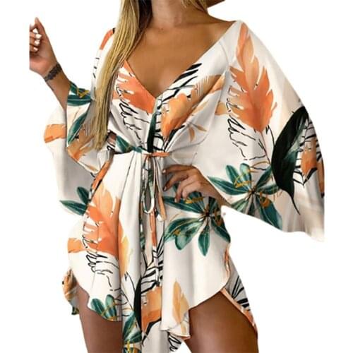 Asymmetrical Hem Mini Dress Tropical Print Sexy Tie Front V Neck Women Dress Beachwear Sexy Plus Size 3XL