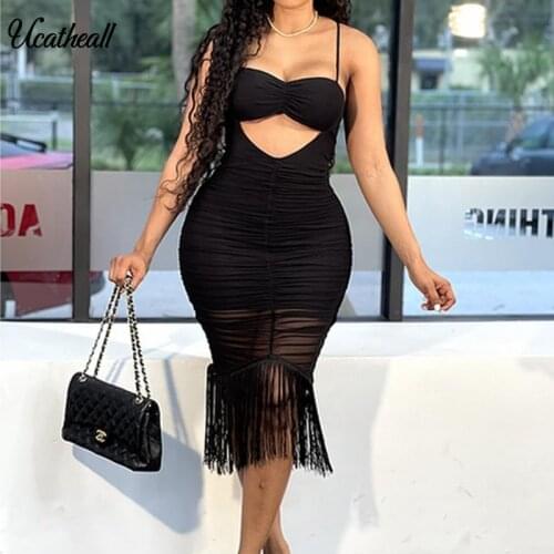 Sexy Backless Ruched Wrap Dress For Women Sleeveless Bodycon Tassel Hem Dresses Hollow Out High Waist Solid Package Hip Dress