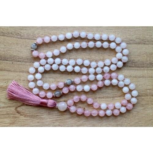 108 Mala Bead Necklaces Whitejade RoseQuartz Necklace Spiritual Jewelry Tassel Necklace Pink Hand Knotted Yoga Prayer Necklace