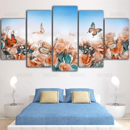 5 Pieces Of Canvas Painting On The Living Room Wall Blue Background Pink Flowers Butterfly Modern Creative Painting Wall Art
