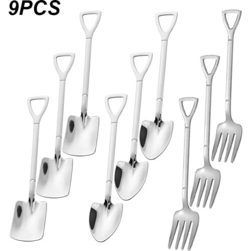9 Pieces Shovel Spoon Fork Shovel Coffee Spoon Shovel Handle Dessert Spoon Ice Cream Spoon Shovel Shape Fork Fruit Fork