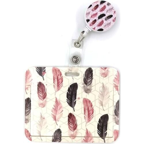 Black Pink Leaves Feathers Fashion Women Card Holder Lanyard Colorful Retractable Badge Reel Nurse Doctor Student Exhibition
