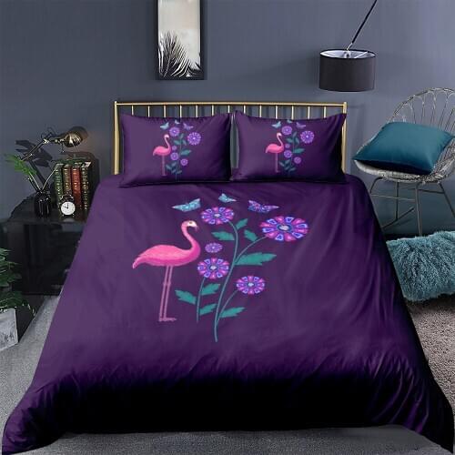 Creative Bedding Set Flamingo Mysterious Purple 3D Floral Duvet Cover King Queen Twin Full Single Double Unique Design Bed Set