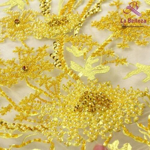 La Belleza new fashion design Yellow beaded lace, heavy handmade beaded lace,rhinestones lace fabric 1 yard