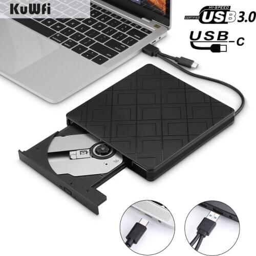 KuWFi External DVD Drive USB3.0 Type C DVD RW CD Rewriter Burner Portable Optical Drive Player For Windows 10 7 8 XP Mac OS