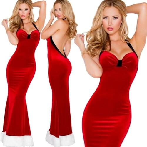 Fashion Vintage Red Backless Velvet Christmas Dress Women Sexy V Neck Slip Lingerie Costume Cosplay Evening Full Length Vestido