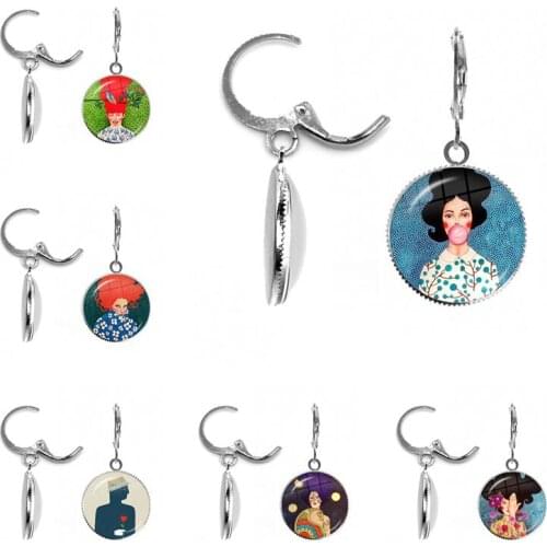 Fashion Long Hair Gilrs Art Picture Earring Colorful Glass Dome Cabochon Earrings Jewelry For Women Girls Gift