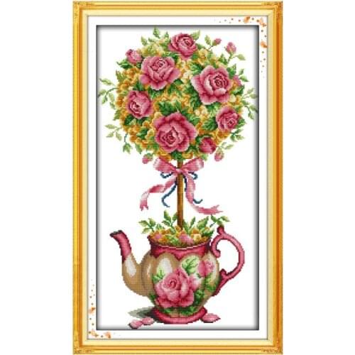 Flower Ball and Teapot Cross Stitch Kit, 11CT 14CT Furniture Sewing Handmade DIY Embroidery Rose Flower Ornament
