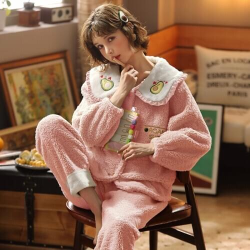 Coral velvet night clothes clothing female student qiu dong cardigan sweet princess wind with thick flannel home casual wear