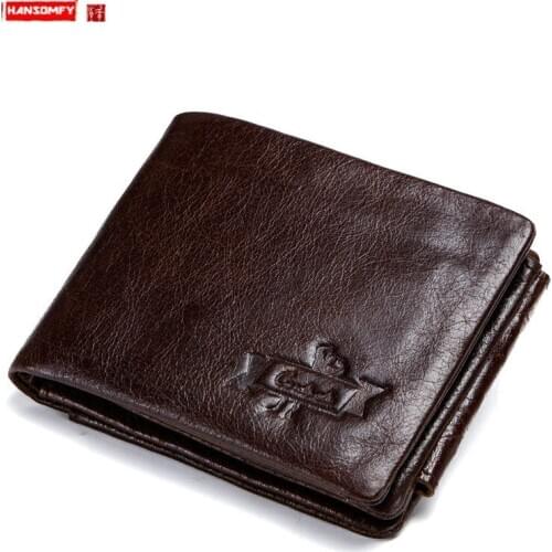New Retro Crazy Horse Leather Tri-fold Small Purses Mens Wallet Soft Leather Cross Card Holder Short Wallets MALE