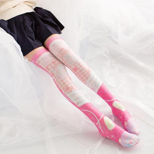 New Fashion Sexy Women High Knee Stockings 3D Printed Pink Cute Bear Silk Stockings Cosplay Personalized Nylon Thin Stockings