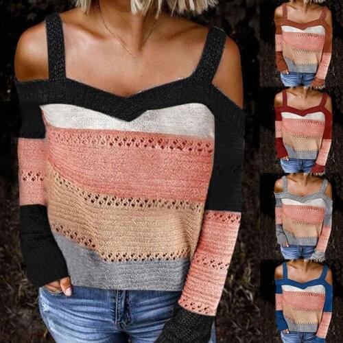 Sexy Women Long Sleeve Cold Shoulder Knitted Sweater Strappy Femme Fashion Pullover female Fashion plus size knitwear 3XL