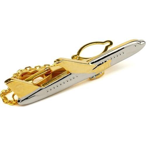 Airplane Tie Clip Gold Color Plated Tie Bar with Chain Pasador Para Corbatas Tie Clip Gift for Men Boyfriend Boss Trendy