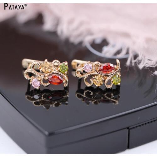 PATAYA Top Sale New Flower Irregular Earrings 585 Rose Gold Beautiful Multicolor Cubic Zircon Earrings Bride Wedding Jewelry