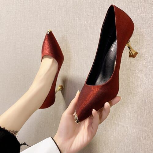 New Ladies High Heels Spring Party Female Elegant Shiny Satin Wild Fashion Sexy Heels Mature Office Womens Shoes Heels W27-10