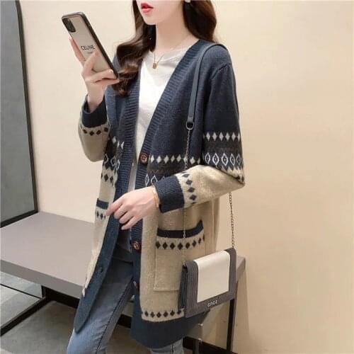 Women 2021 Autumn Winter Fashion Long Warm Cardigan Jackets Female Loose Knitted Overcoats Ladies Patchwork Sweater Coats T346