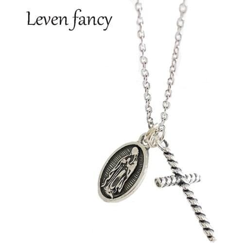 925 Sterling Silver Jewelry Vintage Retro Silver Madonna Double Pendant Necklaces Christian Spiral Cross Pendant Necklace