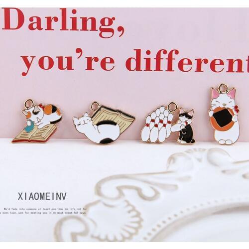 10pcs Drop Oil Cats Alloy Enamel Charms Animals Fun Cute Pet Lazy Cat Pendants Floatings Bracelets DIY Jewelry Accessories YZ627