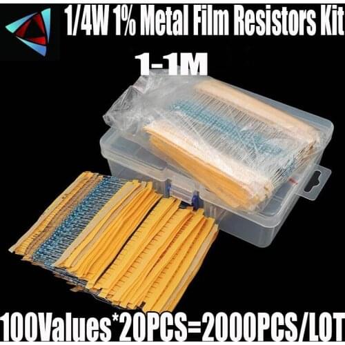 2000pcs 100 Values 1/4W 1% Metal Film Resistor Assorted Kit (1 ohm~ 1M ohm) Metal Film Resistor Kit Assortment Set
