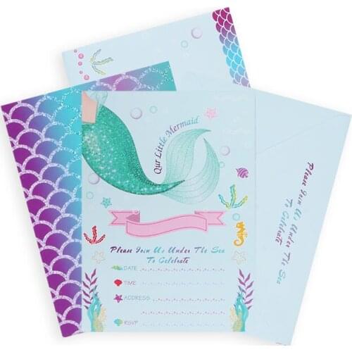 8pcs Mermaid Party Invitation Cards with Envelopes Mermaid Tail Card Girl Birthday Party Supplies Baby Shower Gift for Baby Girl