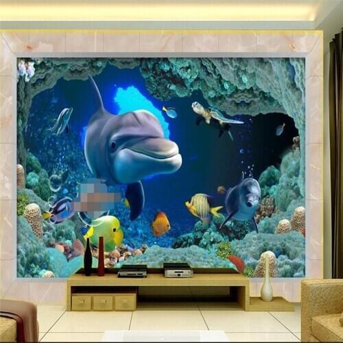 Beibehang HD dolphin fish undersea caves Waterproof Bathroom kitchen balcony PVC Wall paper Self wall sticker Floor mural
