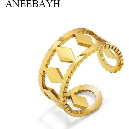 Bohemian Layered Hollow Rhombus Open Rings For Women Wide Geometric Stainless Steel Gold Rings Fashion Jewelry Anillos Mujer