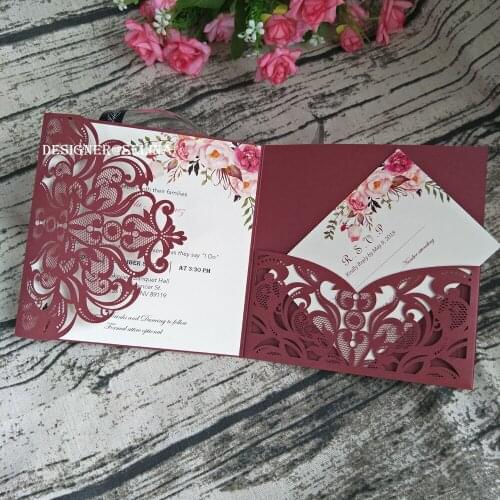 Burgundy Flower Wedding Invitations Set Customized Printing Laser Cut Pocket Invitations Cards for Bridal Shower Engagement