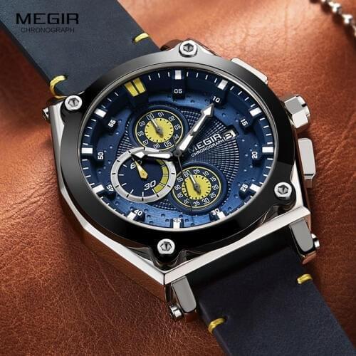 Megir Mens Leather Strap Quartz Watches Army Sports Chronograph Waterproof Wristwatch for Man Luminous Relogios Clock 2098 Blue